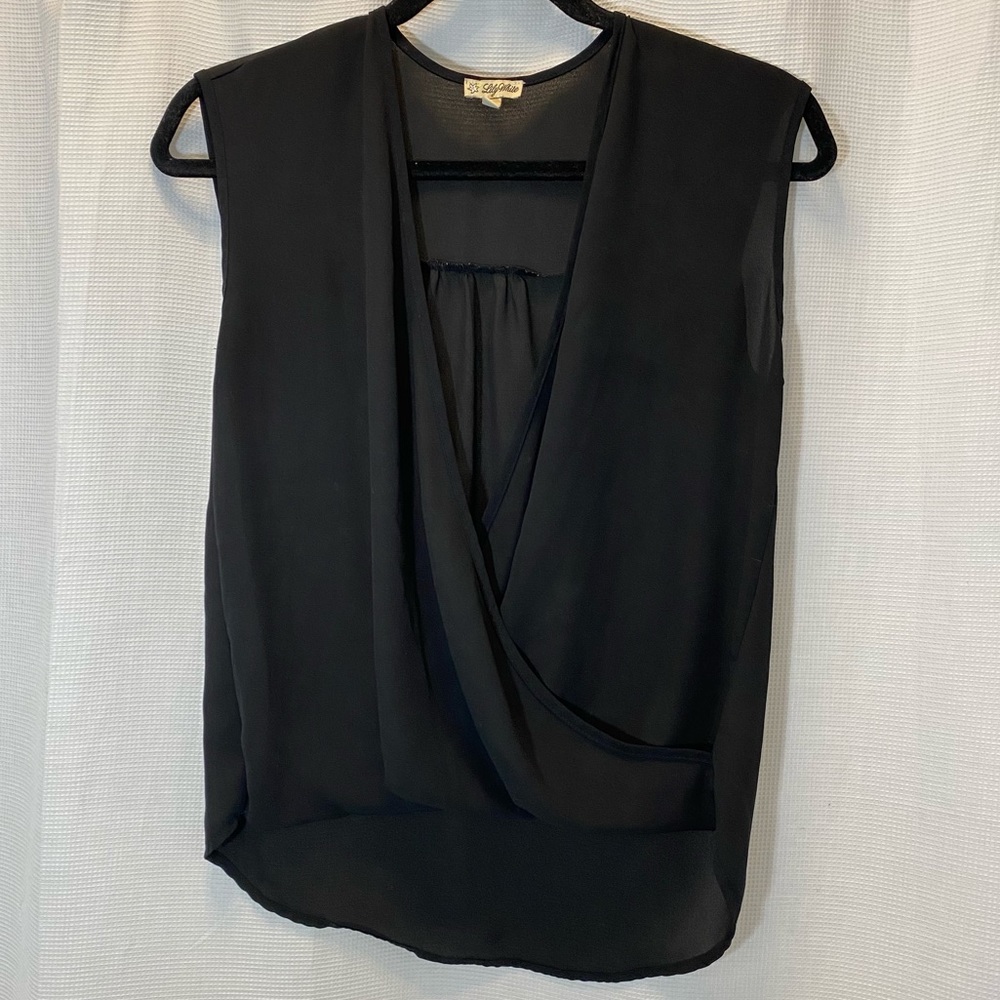 Lily White Chiffon Crossover Wrap Sleeveless Blouse in Black